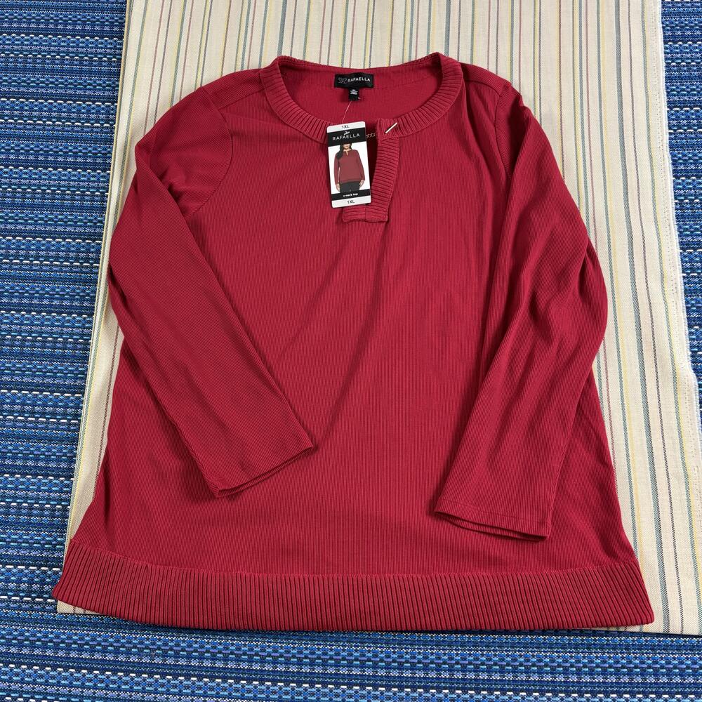 Rafaella Shirt Womens 1XL Rio Red V Neck Long Sleeve Stretch Knit Top NEW